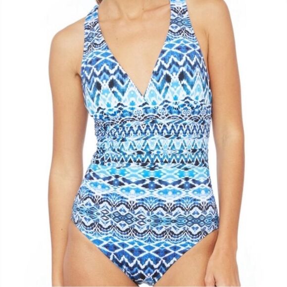 New La Blanca Oasis Ikat Multi Strap One Piece Swimsuit in Blue - Picture 3 of 8